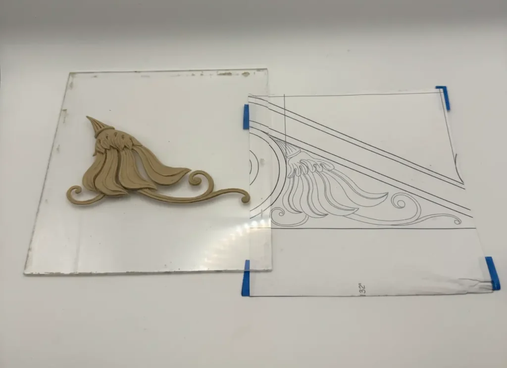 Corbel ornamental detail: drawing and hand-sculpted clay
